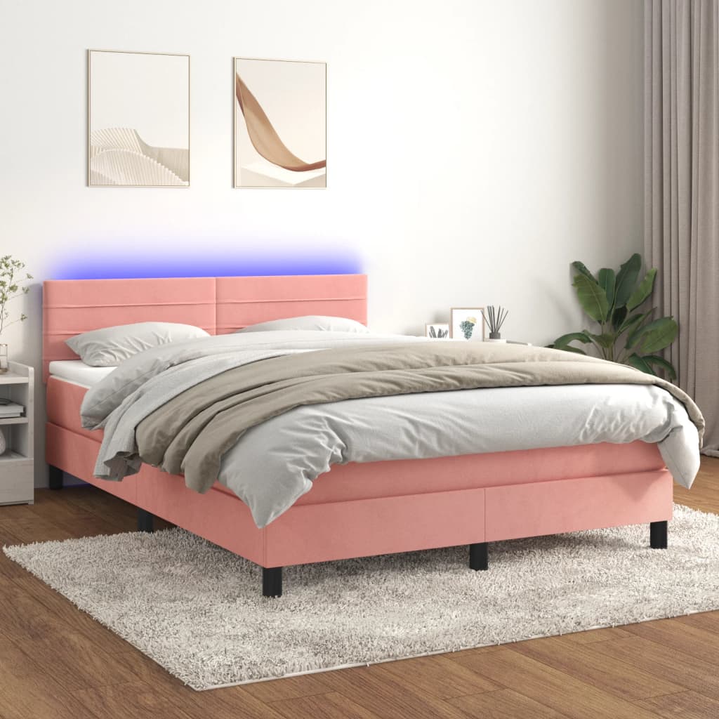 Letto a Molle con Materasso e LED Rosa 140x190 cm in Velluto - homemem39