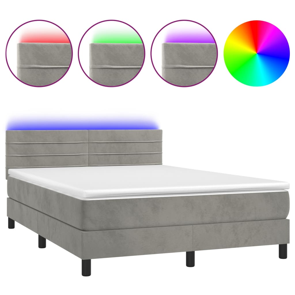 Letto a Molle con Materasso e LED Grigio Chiaro 140x200 cm Velluto | homemem39