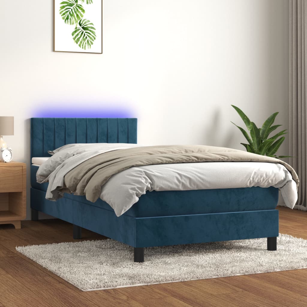 Letto a Molle con Materasso e LED Blu Scuro 90x200cm in Velluto - homemem39