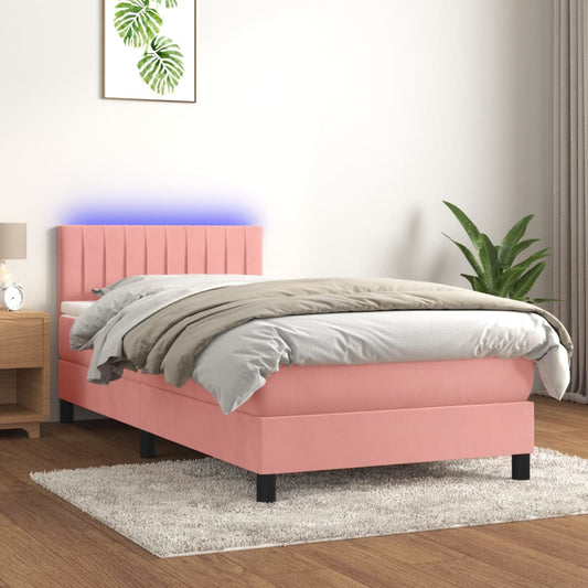 Letto a Molle con Materasso e LED Rosa 90x200 cm in Velluto | homemem39