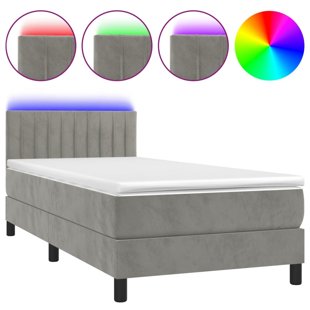 Letto a Molle con Materasso e LED Grigio Chiaro 100x200 cm Velluto | homemem39