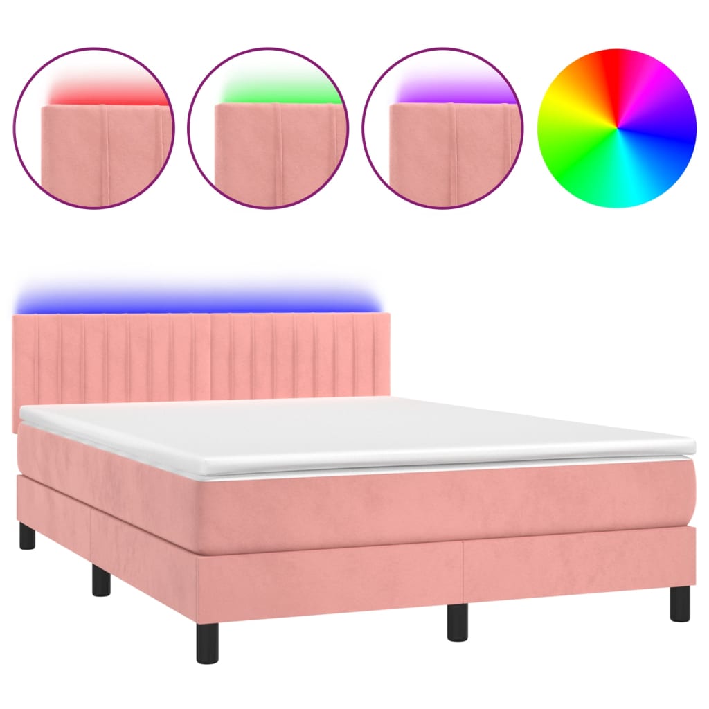 Letto a Molle con Materasso e LED Rosa 140x190 cm in Velluto | homemem39
