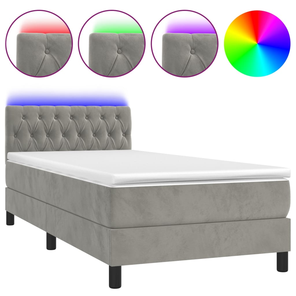 Letto a Molle con Materasso e LED Grigio Chiaro 90x190 cm Velluto | homemem39