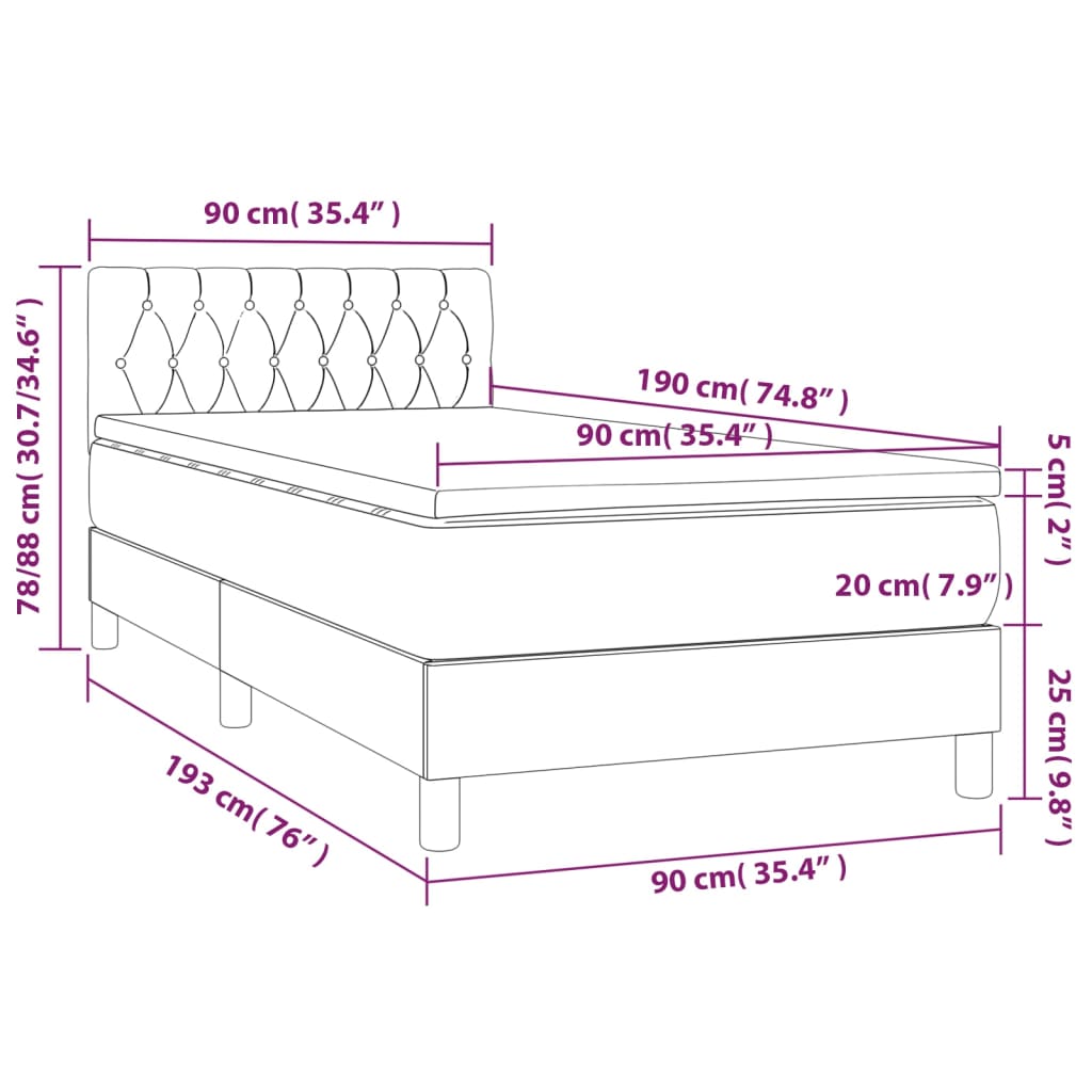 Letto a Molle con Materasso e LED Grigio Chiaro 90x190 cm Velluto | homemem39