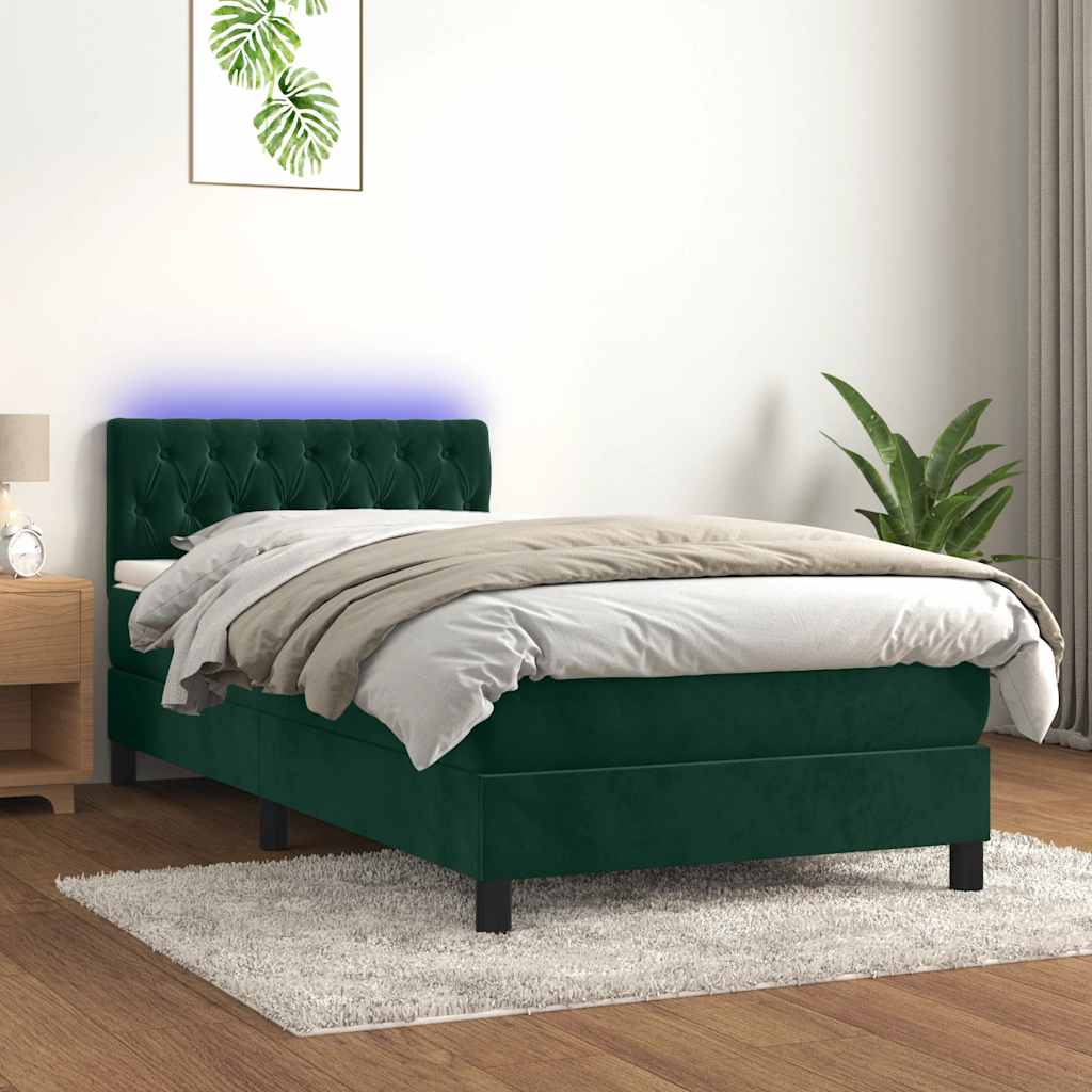 Letto a Molle con Materasso e LED Verde Scuro 90x190 cm Velluto | homemem39