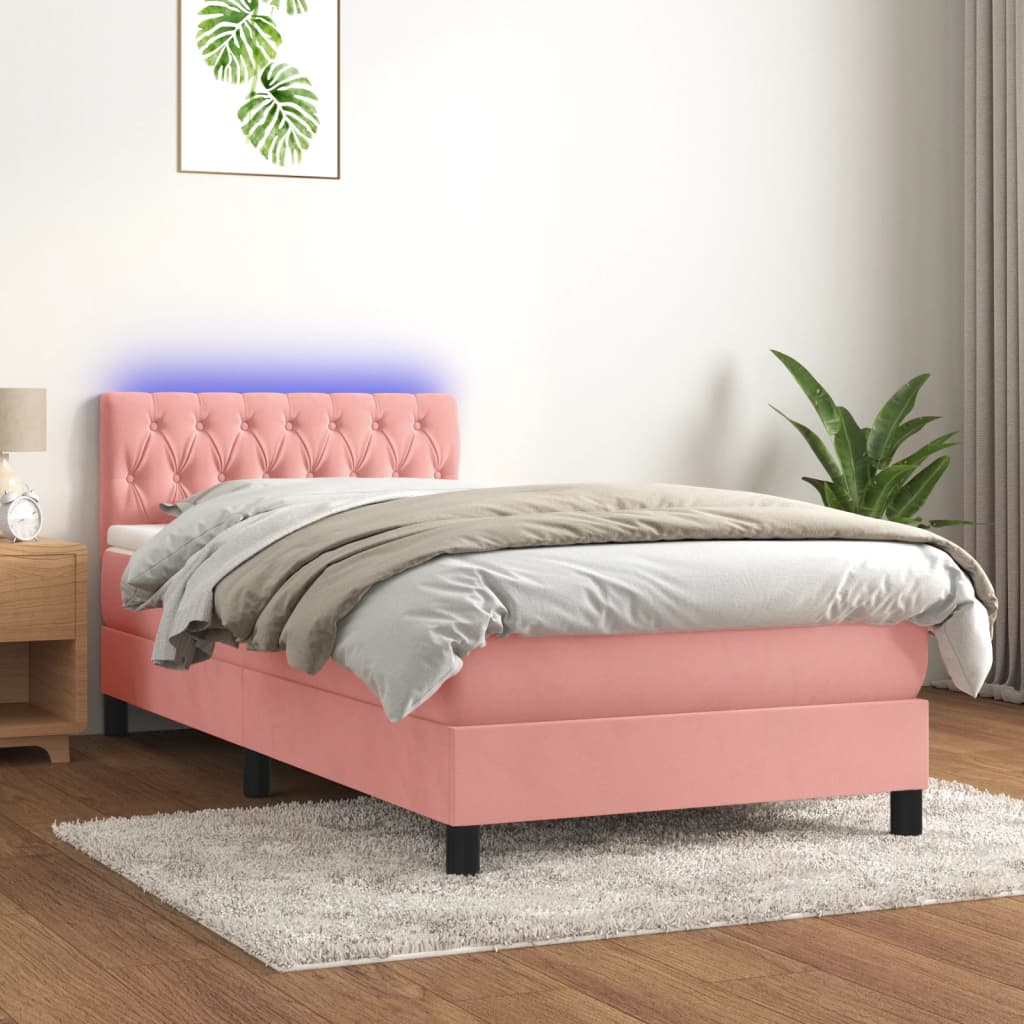 Letto a Molle con Materasso e LED Rosa 90x190 cm in Velluto | homemem39