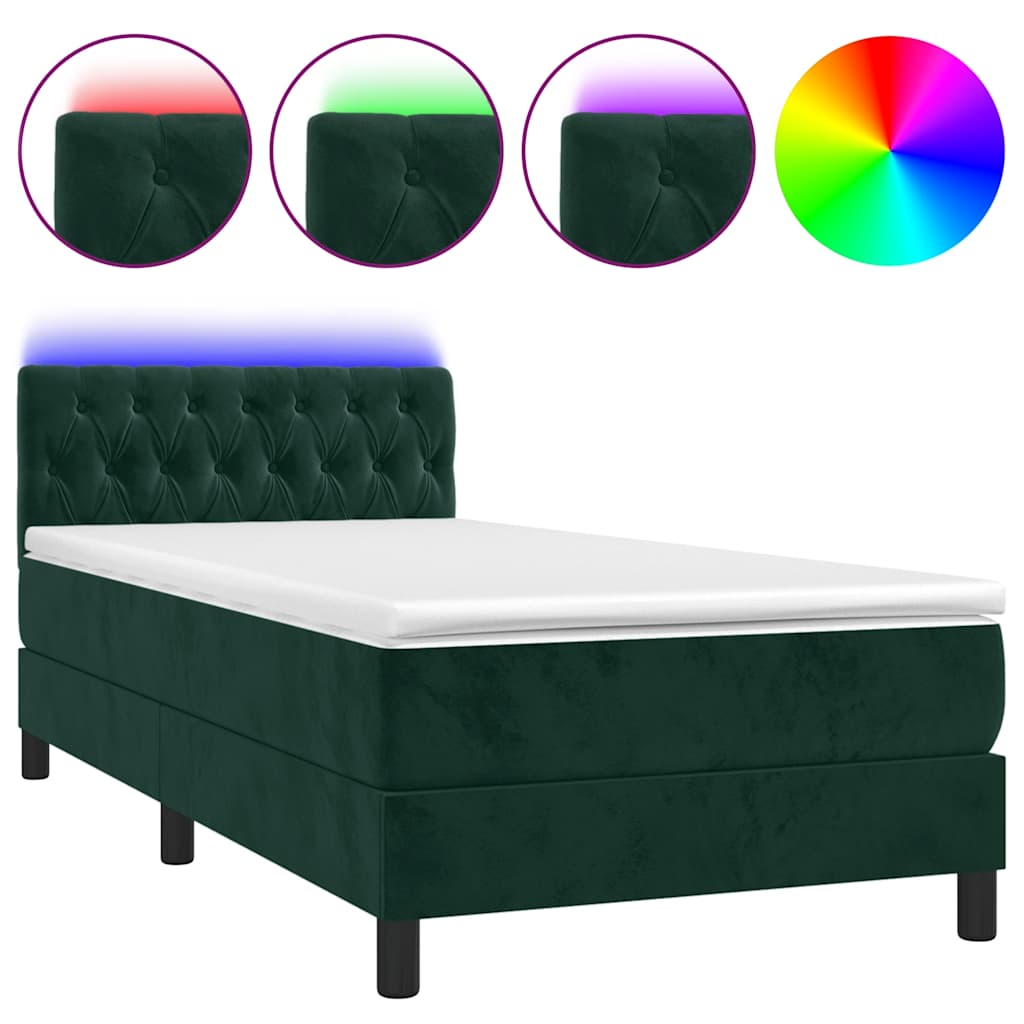 Letto a Molle con Materasso e LED Verde Scuro 90x200cm Velluto | homemem39