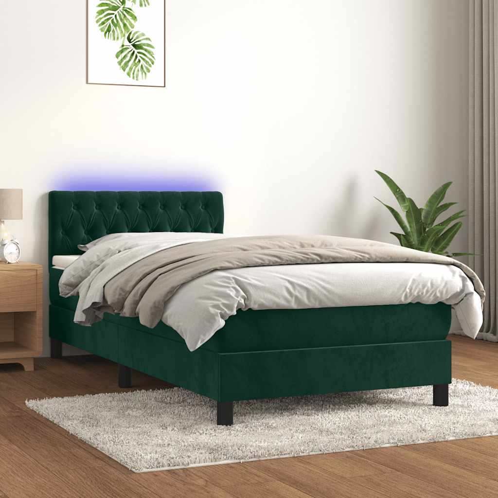 Letto a Molle con Materasso e LED Verde Scuro 90x200cm Velluto