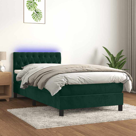 Letto a Molle con Materasso e LED Verde Scuro 90x200cm Velluto