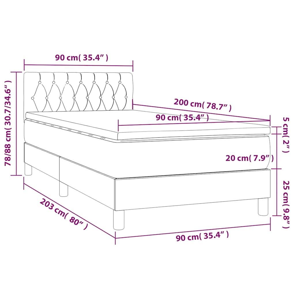 Letto a Molle con Materasso e LED Blu Scuro 90x200cm in Velluto | homemem39