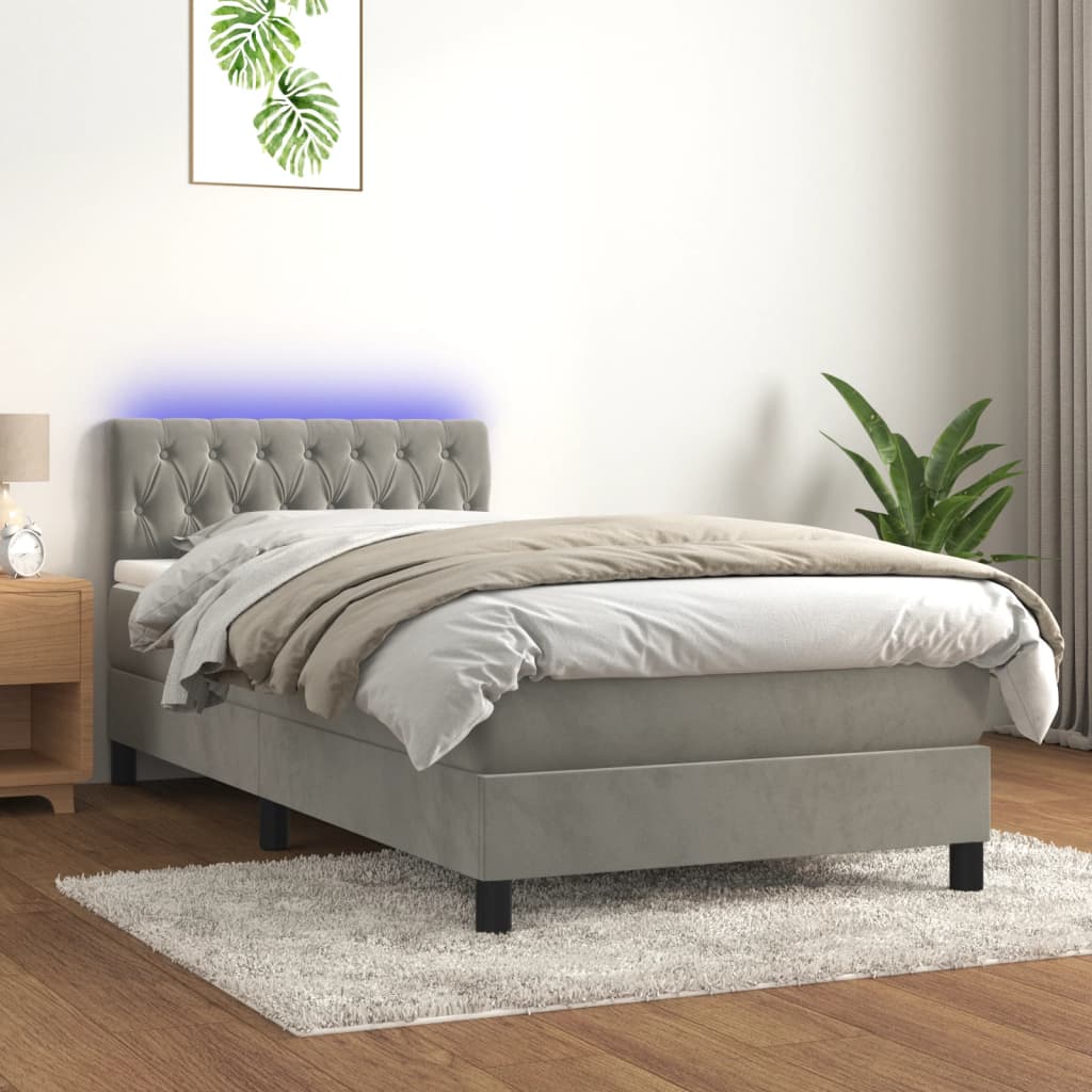 Letto a Molle con Materasso e LED Grigio Chiaro 100x200 cm Velluto | homemem39