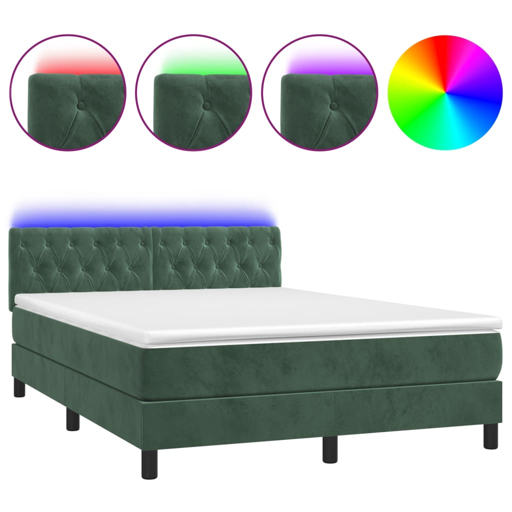 Letto a Molle con Materasso e LED Verde Scuro 140x190cm Velluto - homemem39