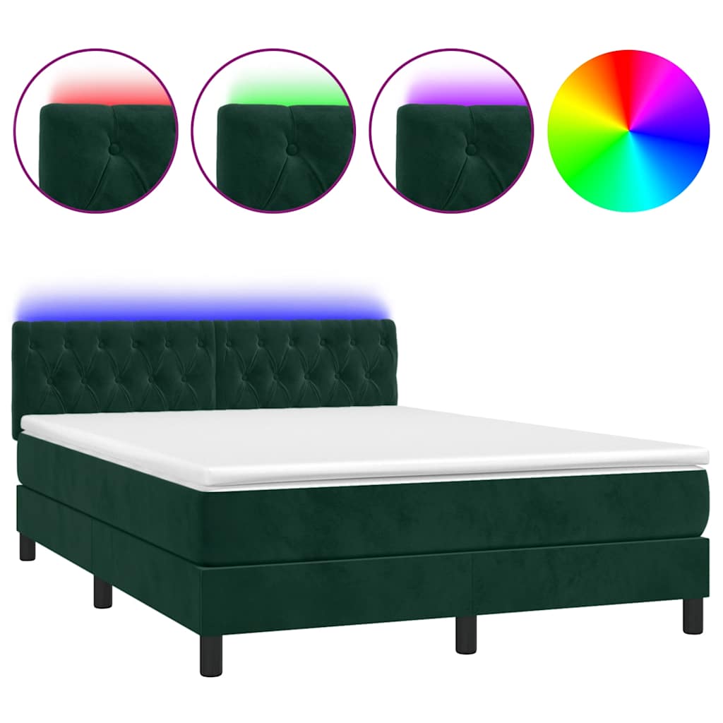 Letto a Molle con Materasso e LED Verde Scuro 140x200cm Velluto | homemem39