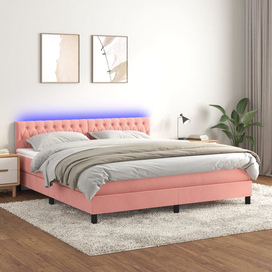 Letto a Molle con Materasso e LED Rosa 160x200 cm in Velluto - homemem39