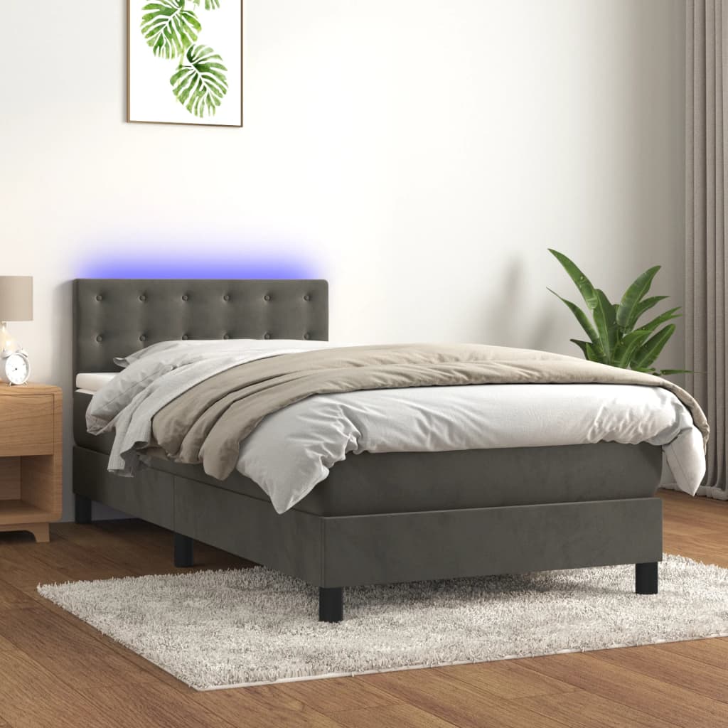 Letto a Molle con Materasso e LED Grigio Scuro 90x200cm Velluto - homemem39
