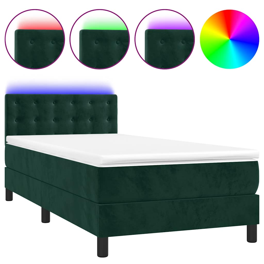 Letto a Molle con Materasso e LED Verde Scuro 90x200cm Velluto | homemem39