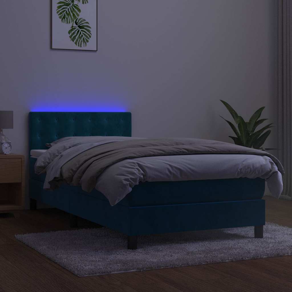 Letto a Molle con Materasso e LED Blu Scuro 90x200cm in Velluto