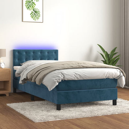 Letto a Molle con Materasso e LED Blu Scuro 90x200cm in Velluto - homemem39