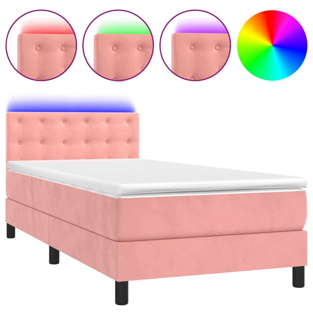 Letto a Molle con Materasso e LED Rosa 90x200 cm in Velluto - homemem39