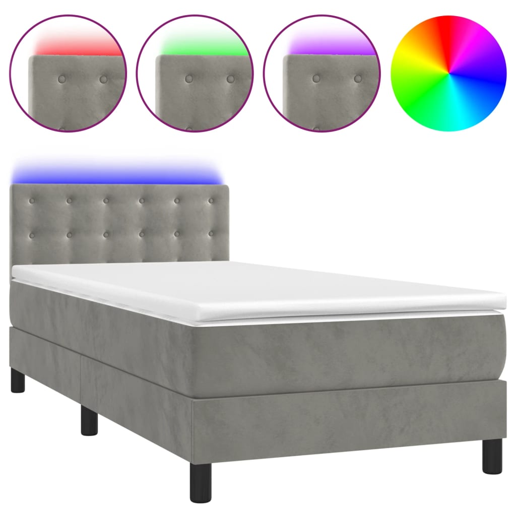Letto a Molle con Materasso e LED Grigio Chiaro 100x200 cm Velluto | homemem39