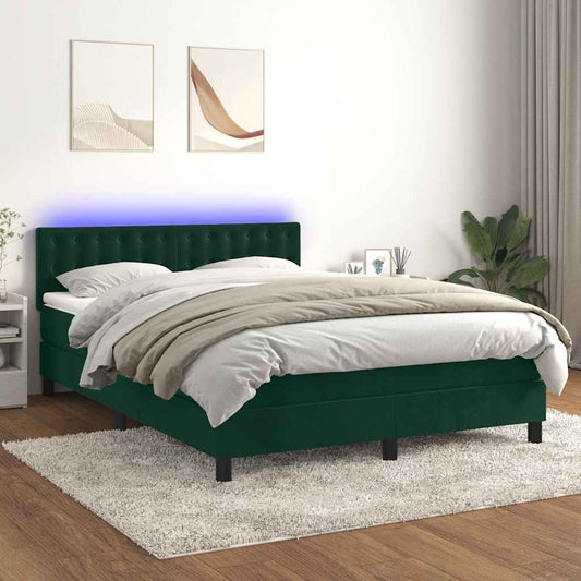 Letto a Molle con Materasso e LED Verde Scuro 140x200cm Velluto