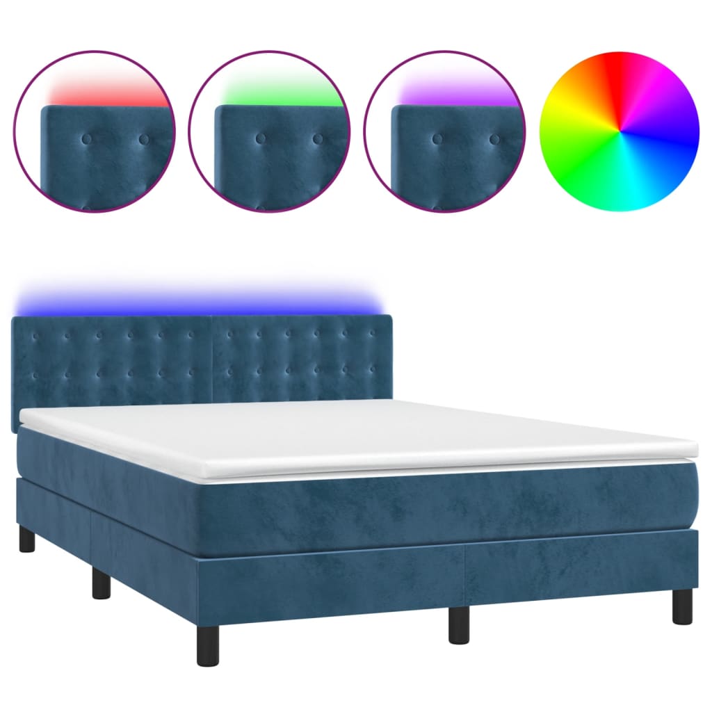 Letto a Molle con Materasso e LED Blu Scuro 140x200 cm - homemem39