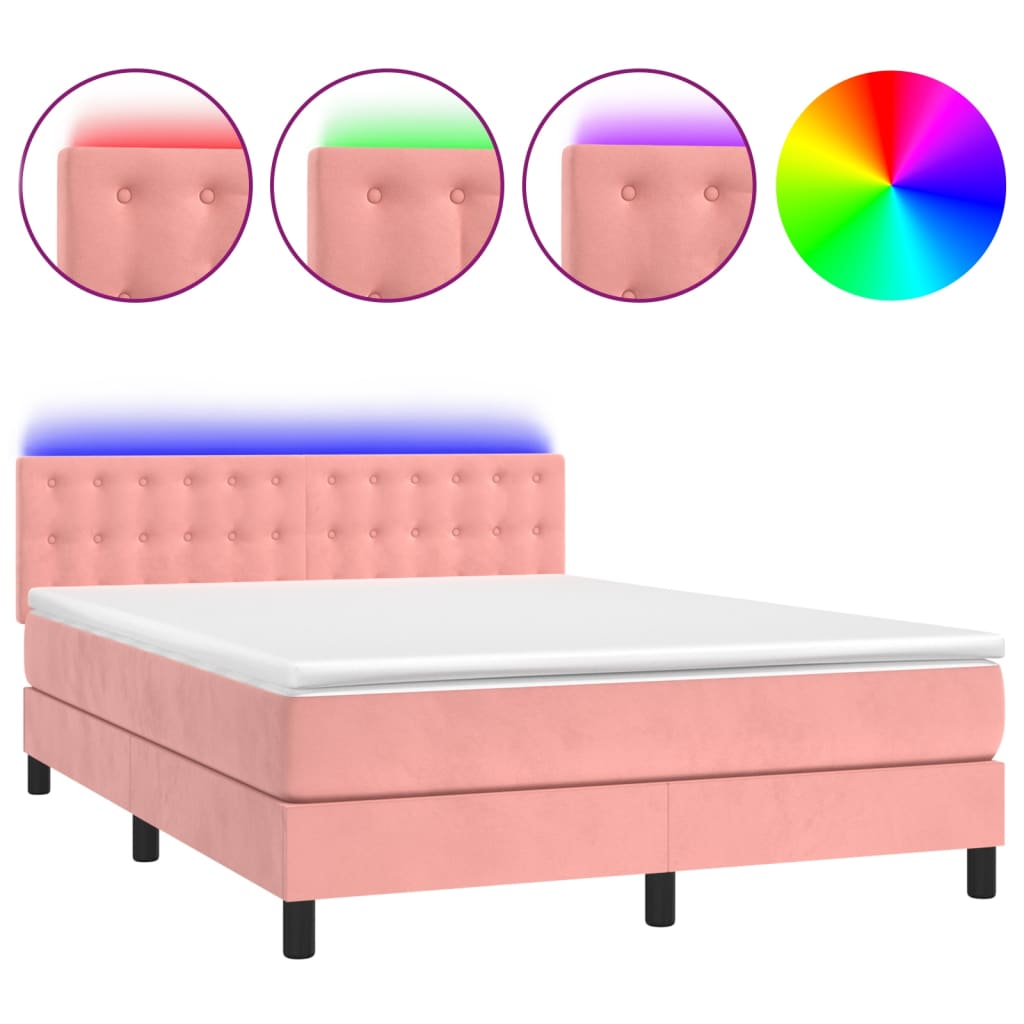 Letto a Molle con Materasso e LED Rosa 140x200 cm in Velluto