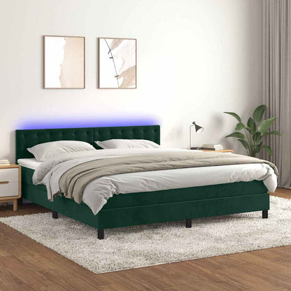 Letto a Molle con Materasso e LED Verde Scuro 160x200cm Velluto