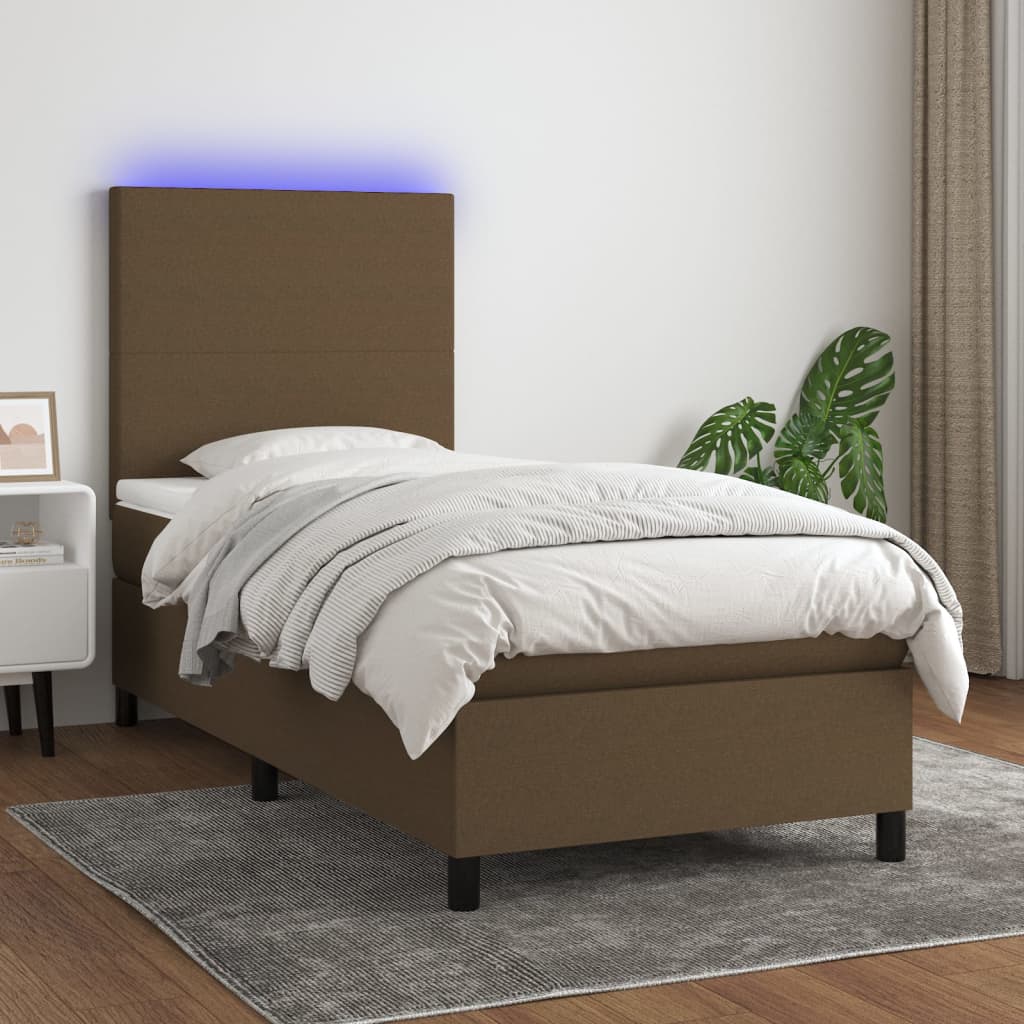 Letto a Molle Materasso e LED Marrone Scuro 90x190cm in Tessuto - homemem39