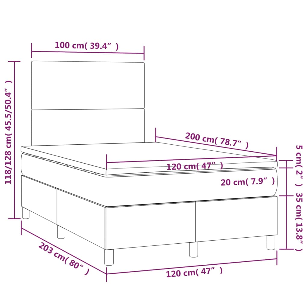 Letto a Molle con Materasso e LED Tortora 120x200cm in Tessuto | homemem39