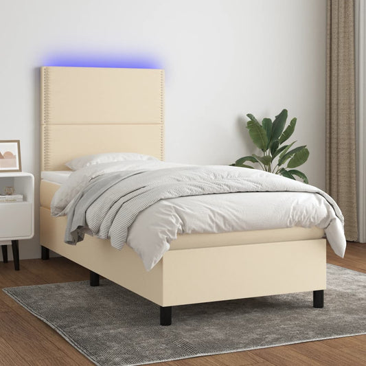 Letto a Molle con Materasso e LED Crema 90x190 cm in Tessuto - homemem39