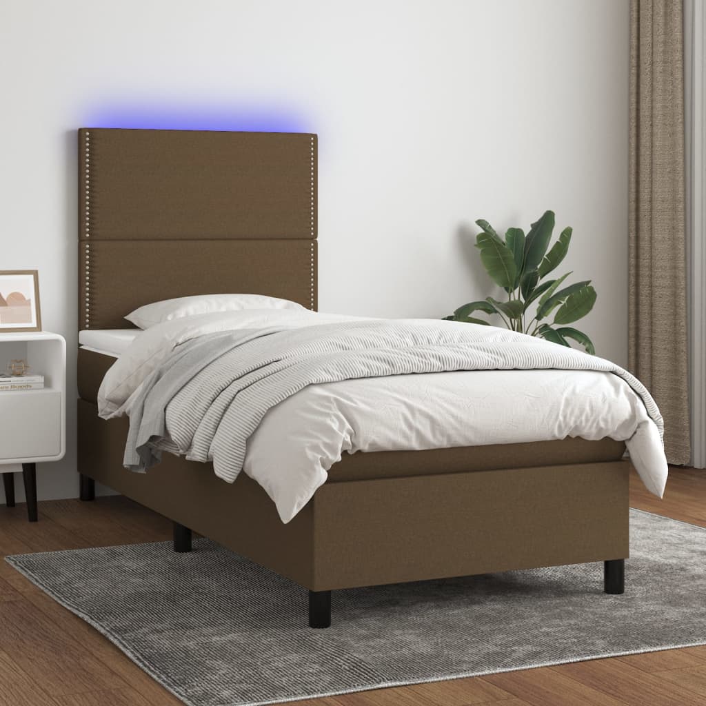 Letto a Molle Materasso e LED Marrone Scuro 90x200cm in Tessuto | homemem39
