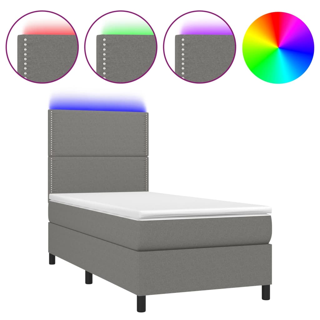 Letto a Molle Materasso e LED Grigio Scuro 100x200cm in Tessuto | homemem39