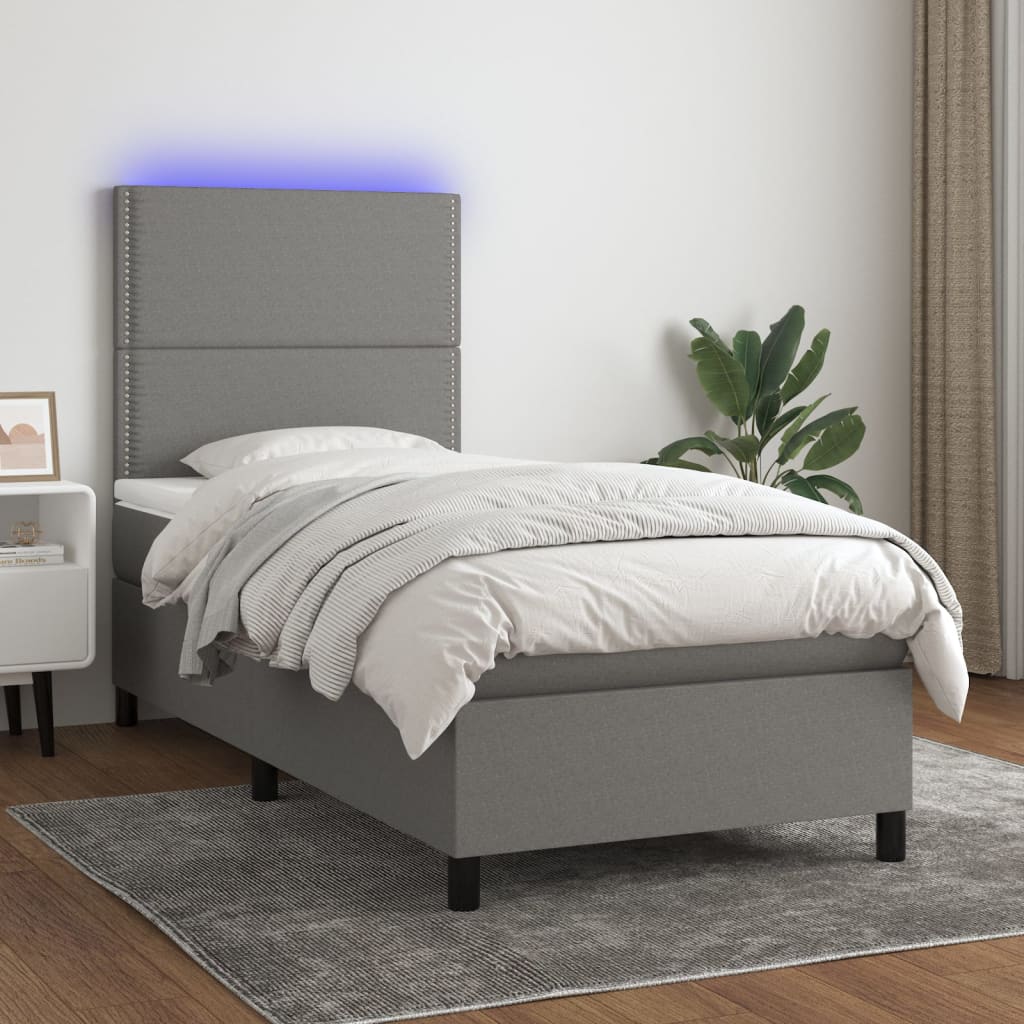 Letto a Molle Materasso e LED Grigio Scuro 100x200cm in Tessuto | homemem39