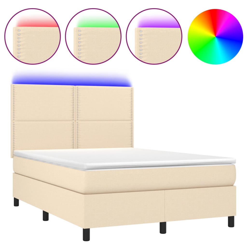 Letto a Molle con Materasso e LED Crema 140x190 cm in Tessuto | homemem39