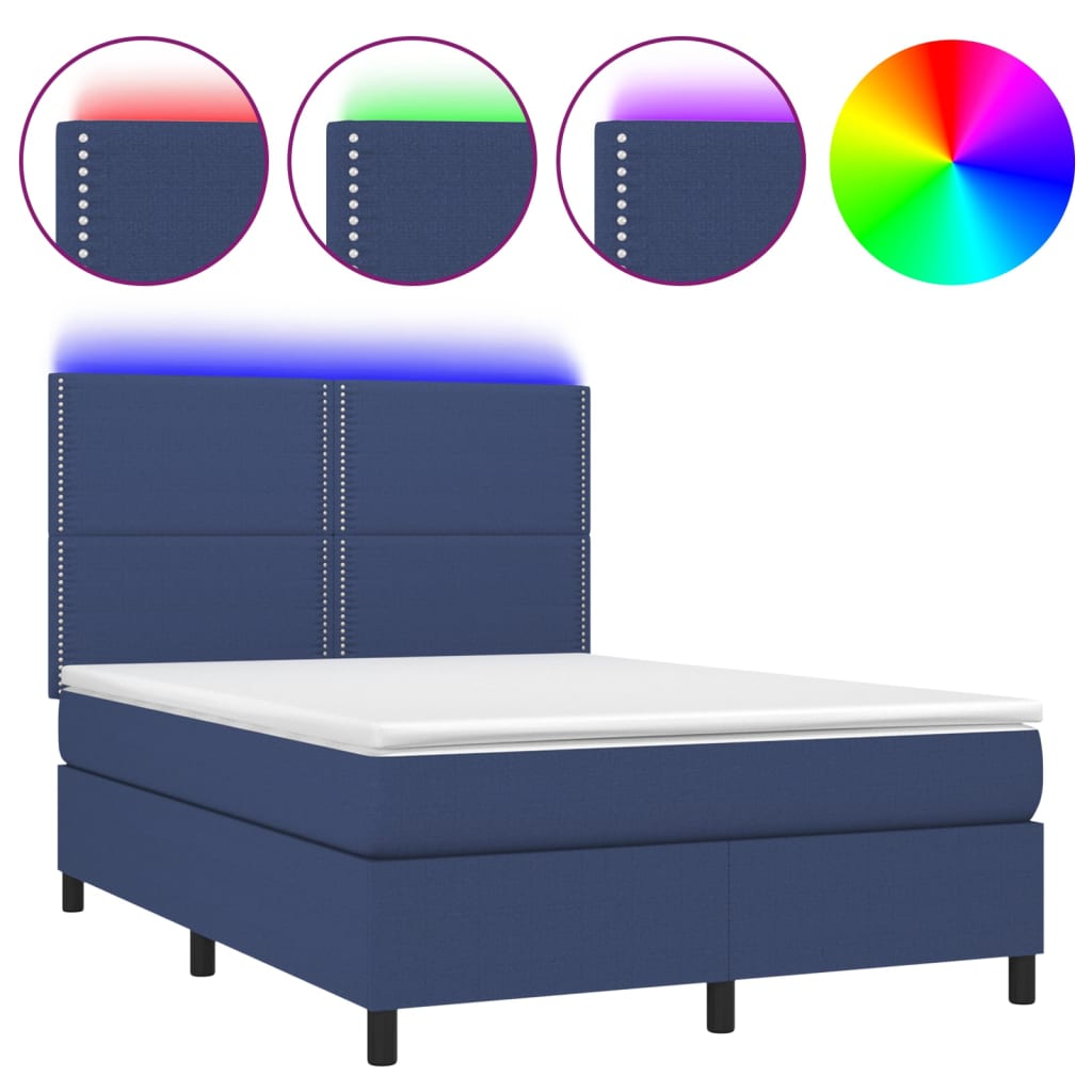 Letto a Molle con Materasso e LED Blu 140x200 cm in Tessuto | homemem39