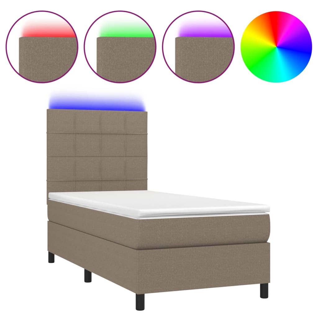 Letto a Molle con Materasso e LED Tortora 90x190 cm in Tessuto | homemem39