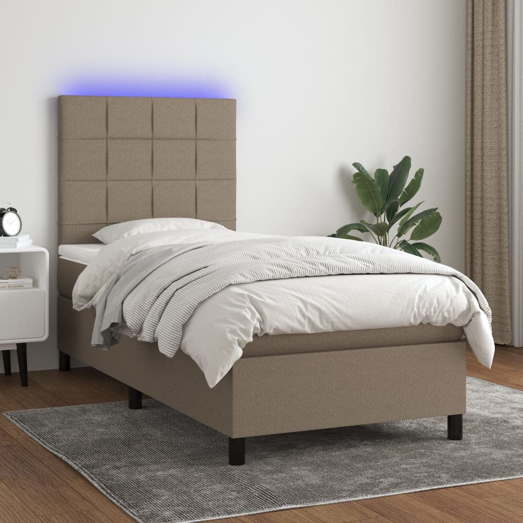 Letto a Molle con Materasso e LED Tortora 90x190 cm in Tessuto | homemem39