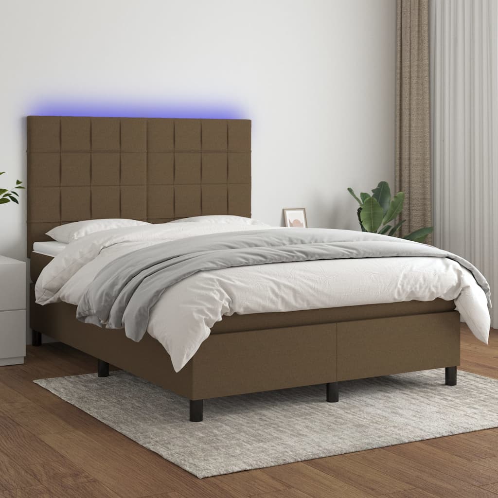 Letto a Molle Materasso e LED Marrone Scuro 140x200 cm Tessuto | homemem39