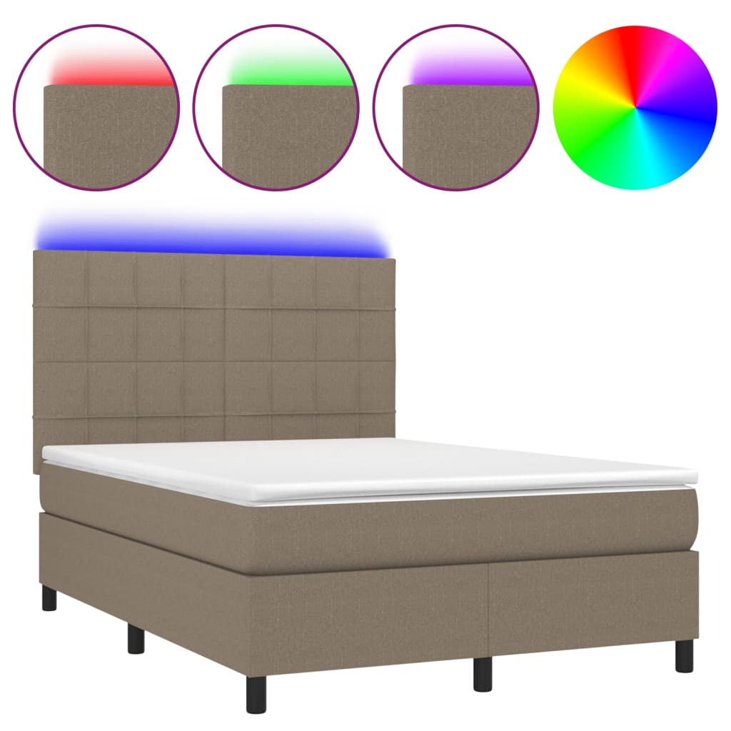 Letto a Molle con Materasso e LED Tortora 140x200 cm in Tessuto | homemem39