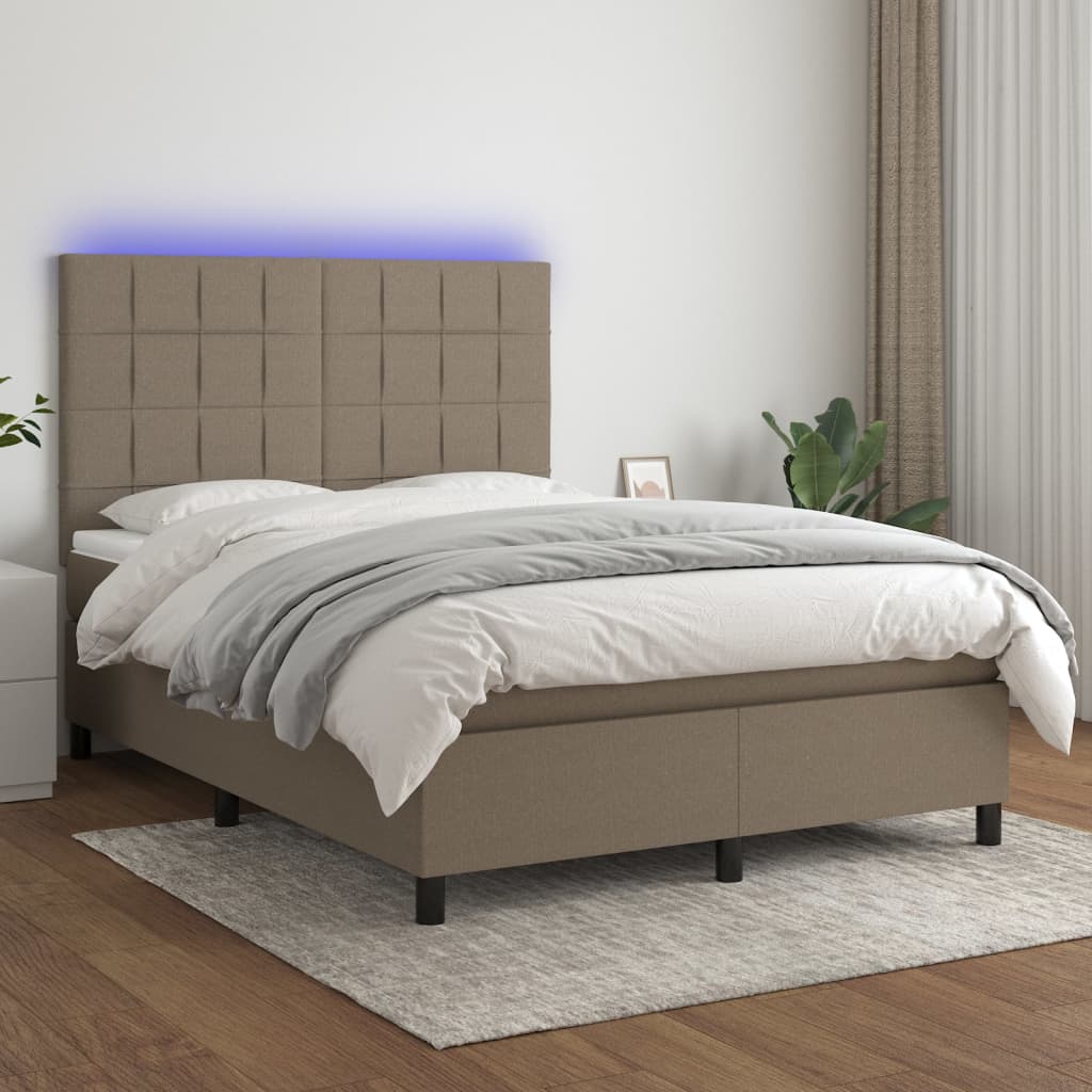 Letto a Molle con Materasso e LED Tortora 140x200 cm in Tessuto | homemem39