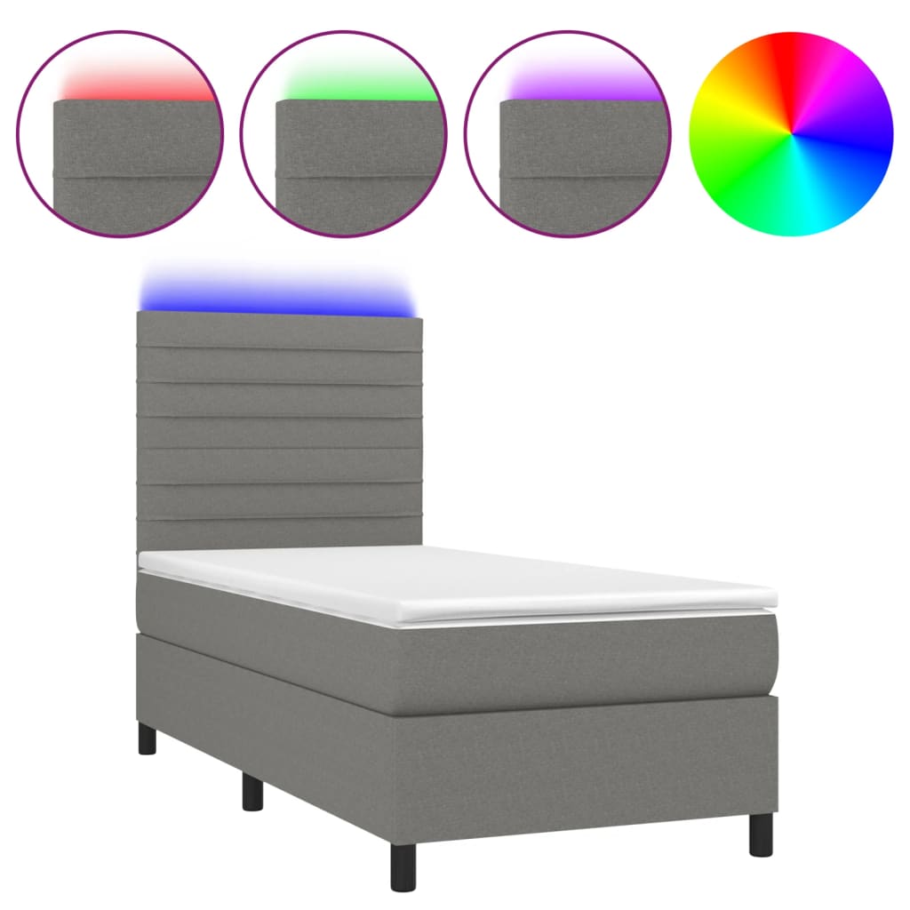 Letto a Molle Materasso e LED Grigio Scuro 80x200 cm in Tessuto | homemem39