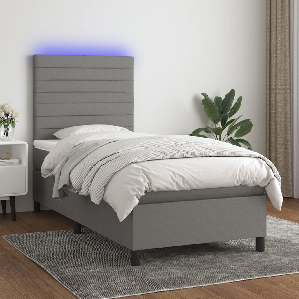Letto a Molle Materasso e LED Grigio Scuro 90x190 cm in Tessuto - homemem39