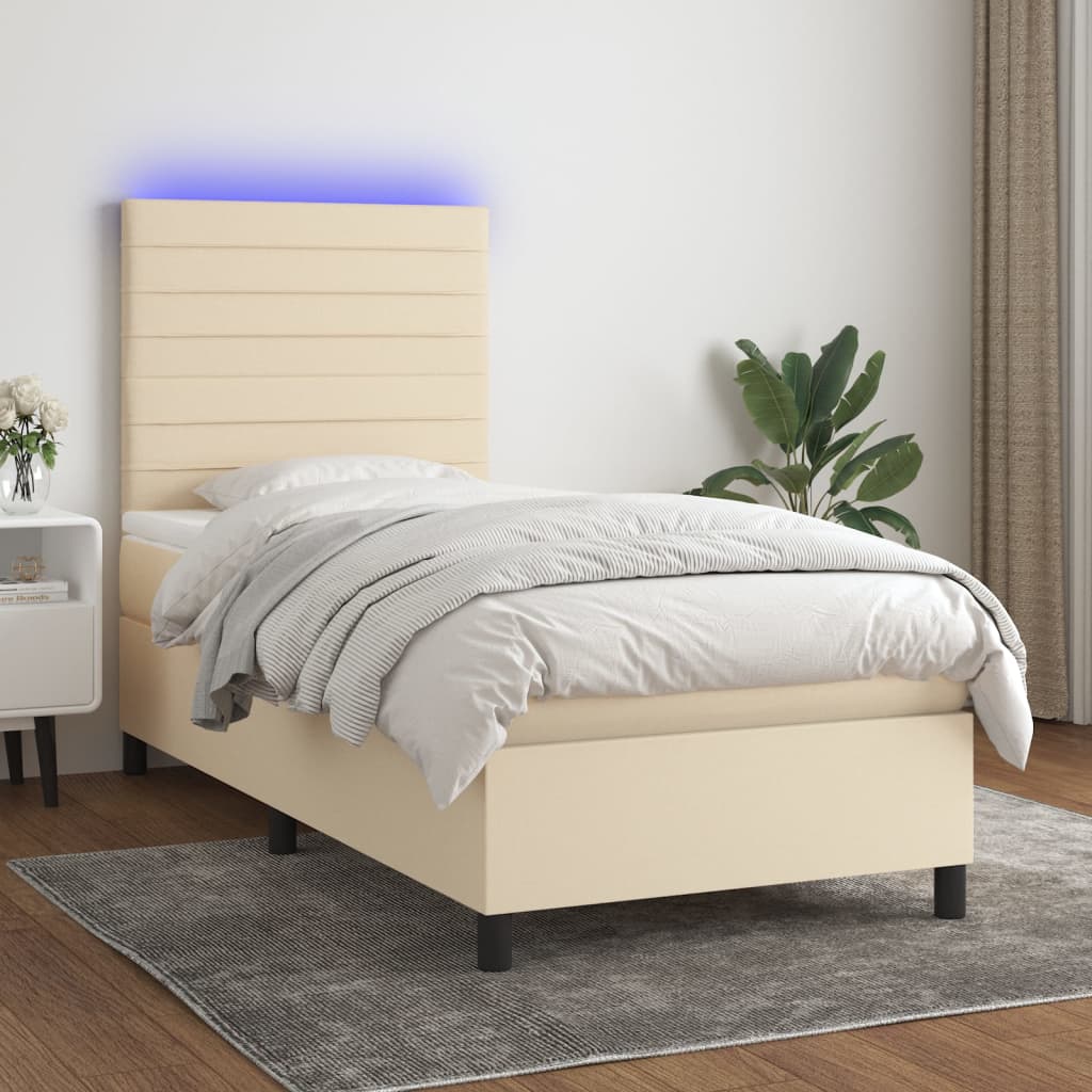Letto a Molle con Materasso e LED Crema 90x190 cm in Tessuto - homemem39