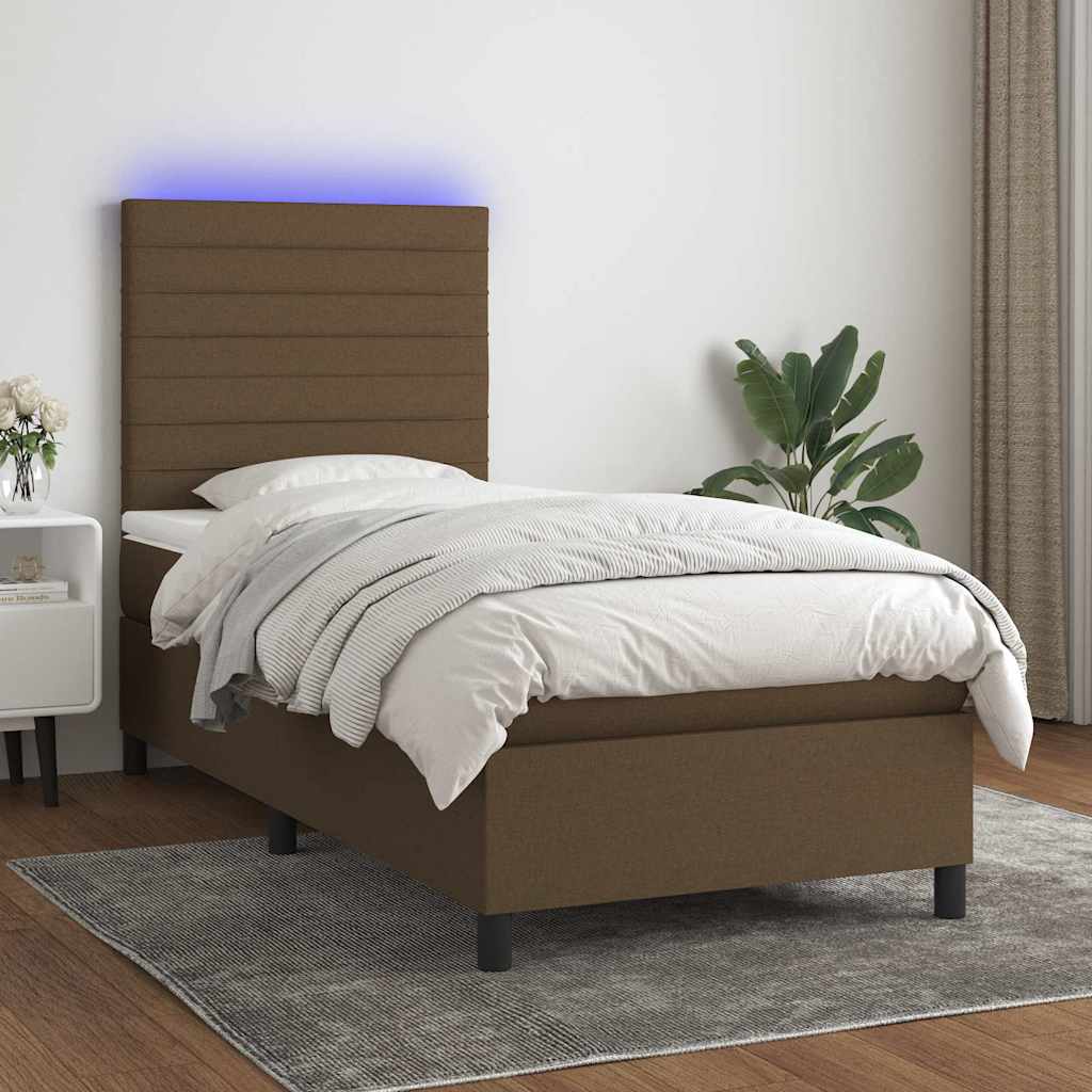 Letto a Molle Materasso e LED Marrone Scuro 90x200cm in Tessuto | homemem39