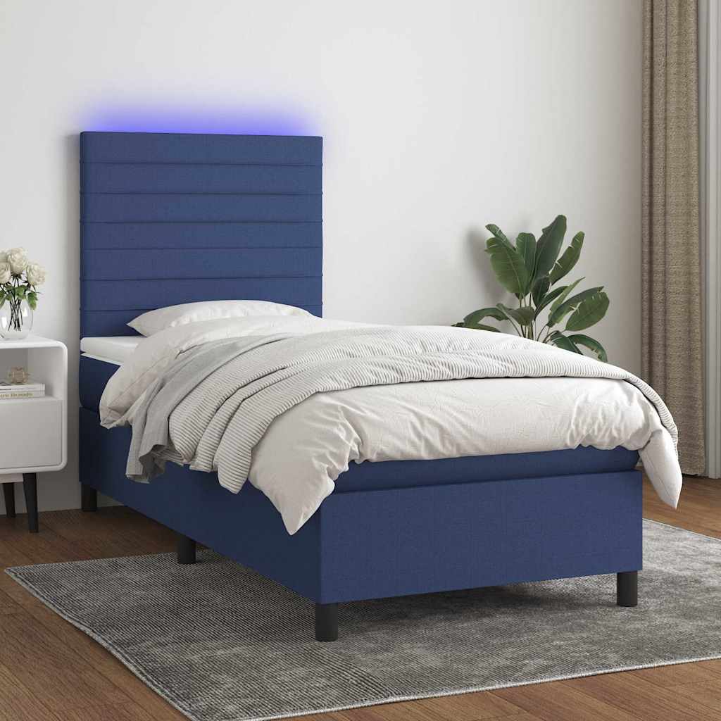 Letto a Molle con Materasso e LED Blu 90x200 cm in Tessuto