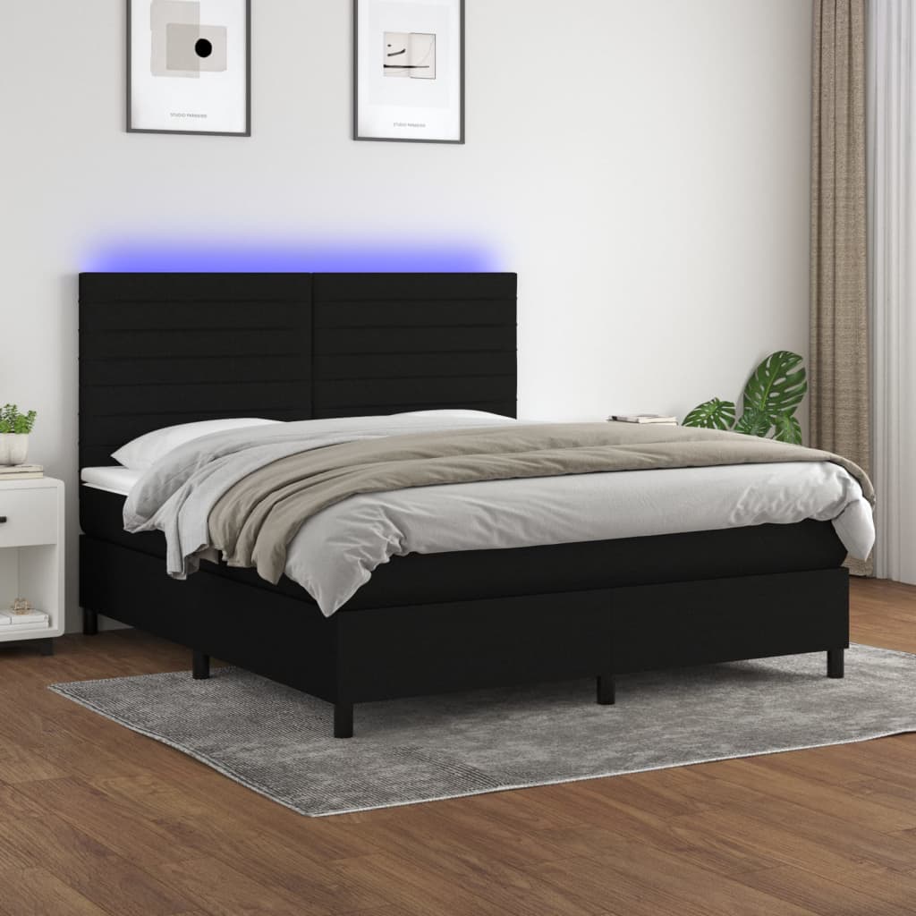 Letto a Molle con Materasso e LED Nero 160x200 cm in Tessuto