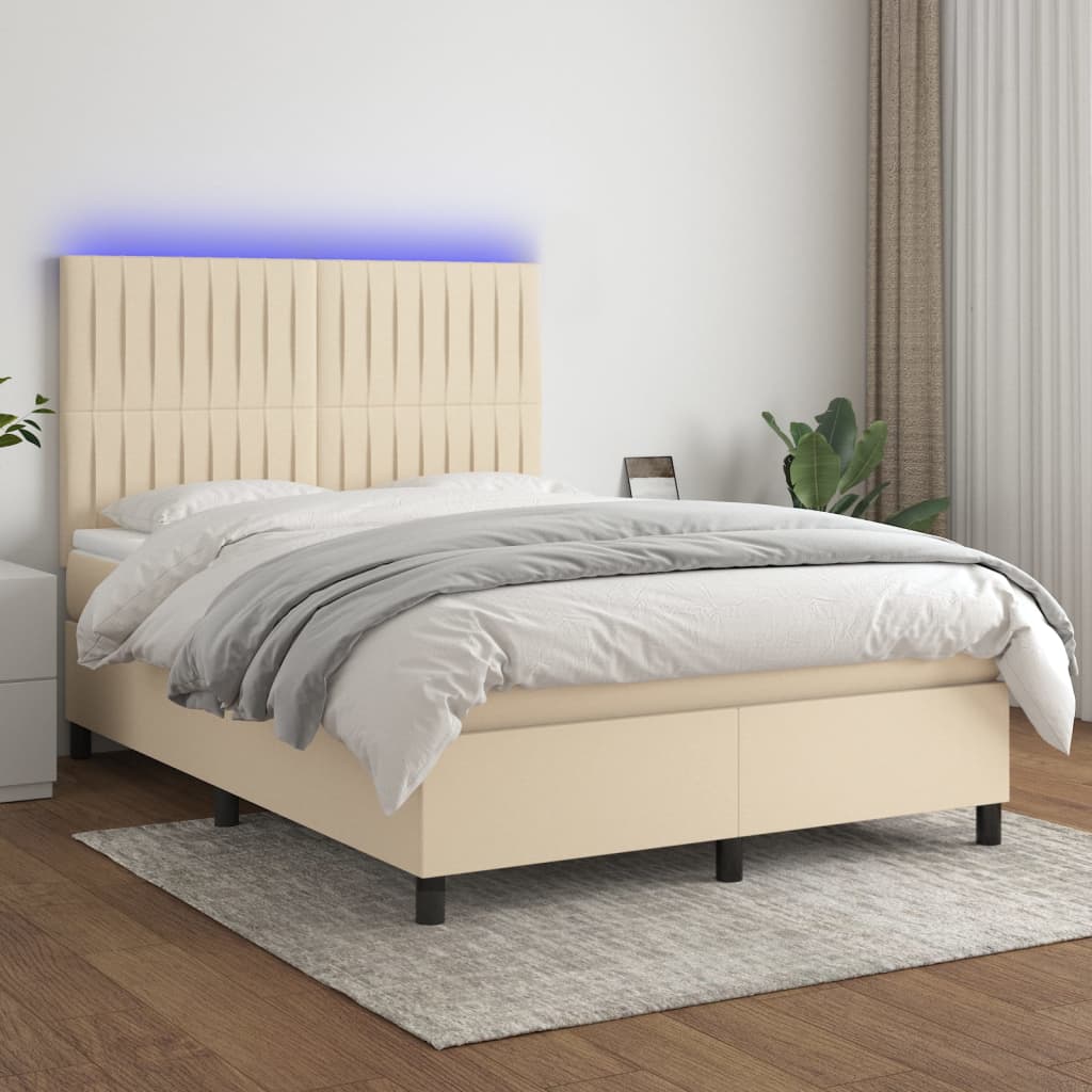 Letto a Molle con Materasso e LED Crema 140x190 cm in Tessuto | homemem39
