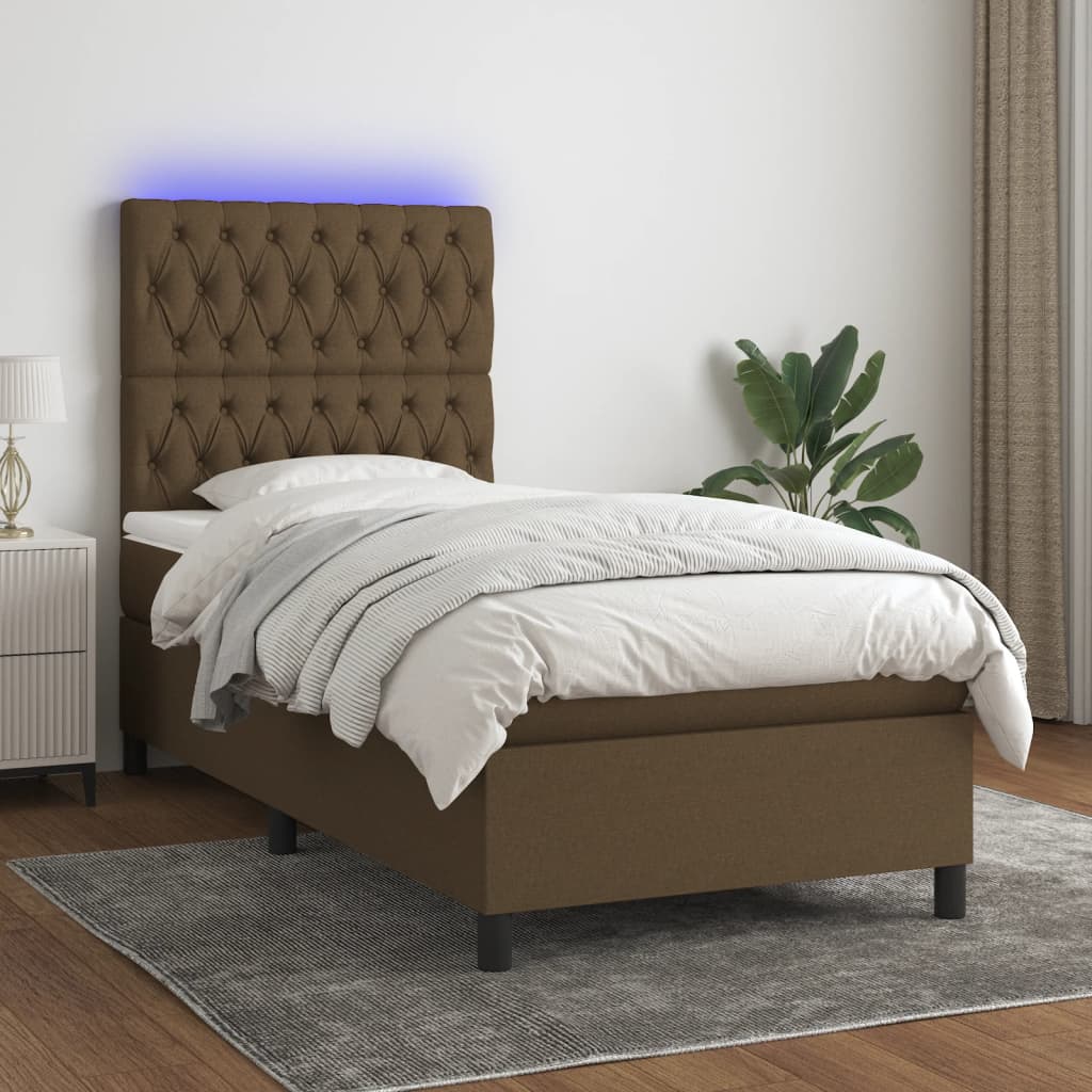 Letto a Molle Materasso e LED Marrone Scuro 90x190cm in Tessuto | homemem39