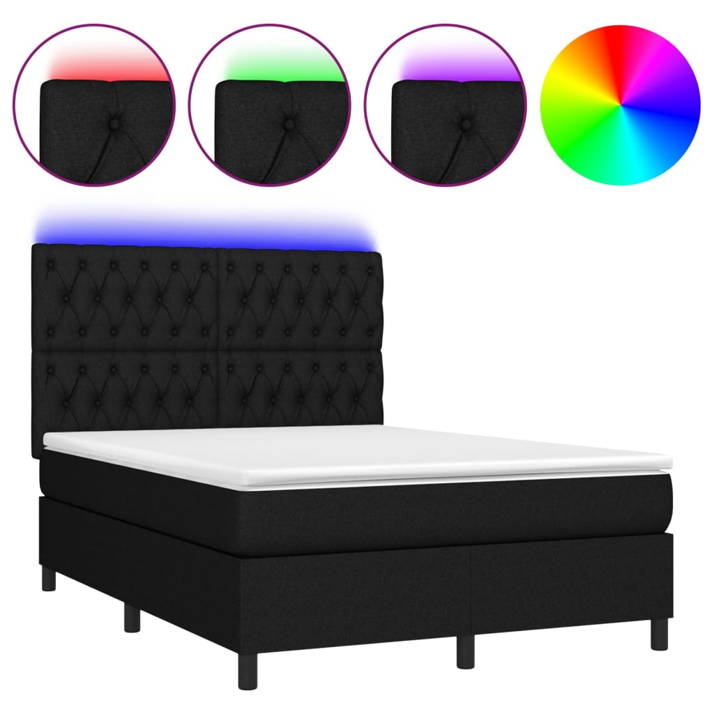 Letto a Molle con Materasso e LED Nero 140x190 cm in Tessuto